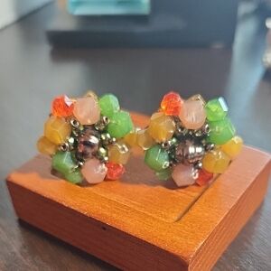 Vintage Multicolor Cluster Clip-On Earrings Made In Germany
